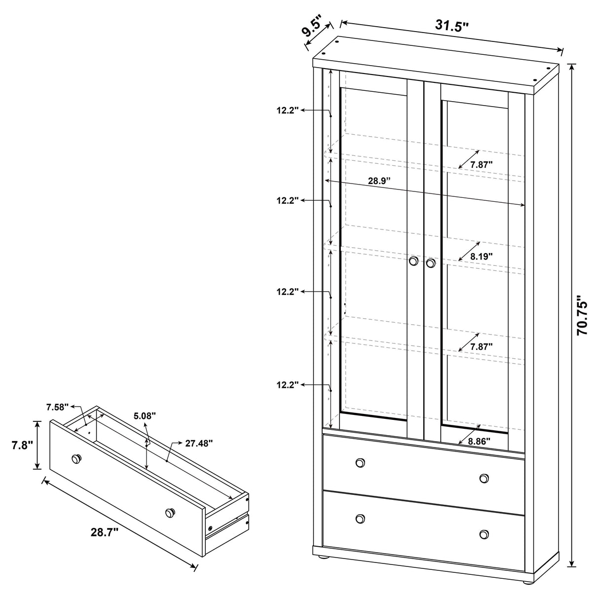 Hawthorne White Tall Glass Door Cabinet with Drawers, 4-Shelf