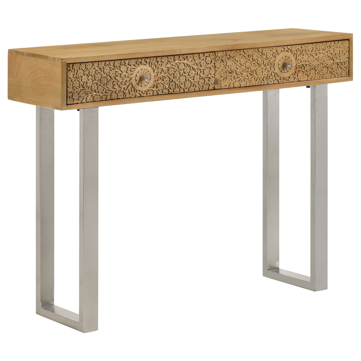 Draco 2-Drawer Console Table, Hand-Carved Mango Wood, Natural