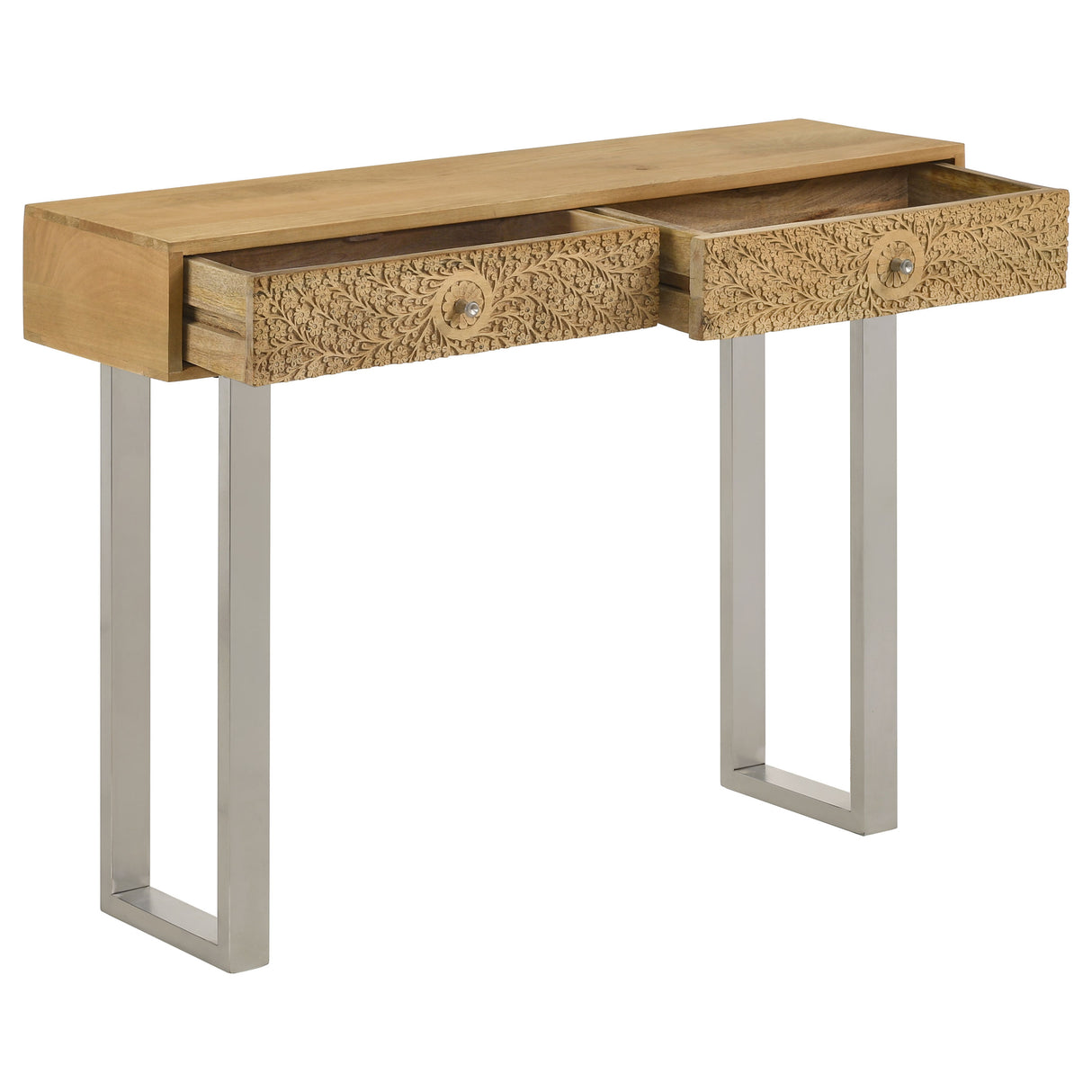 Draco 2-Drawer Console Table, Hand-Carved Mango Wood, Natural