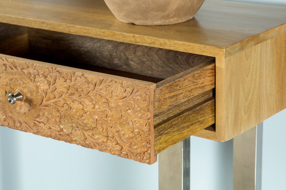 Draco 2-Drawer Console Table, Hand-Carved Mango Wood, Natural