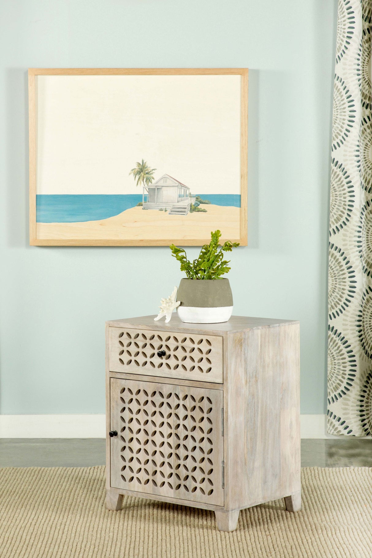 August White Washed Mango Wood 1-Drawer Storage Cabinet