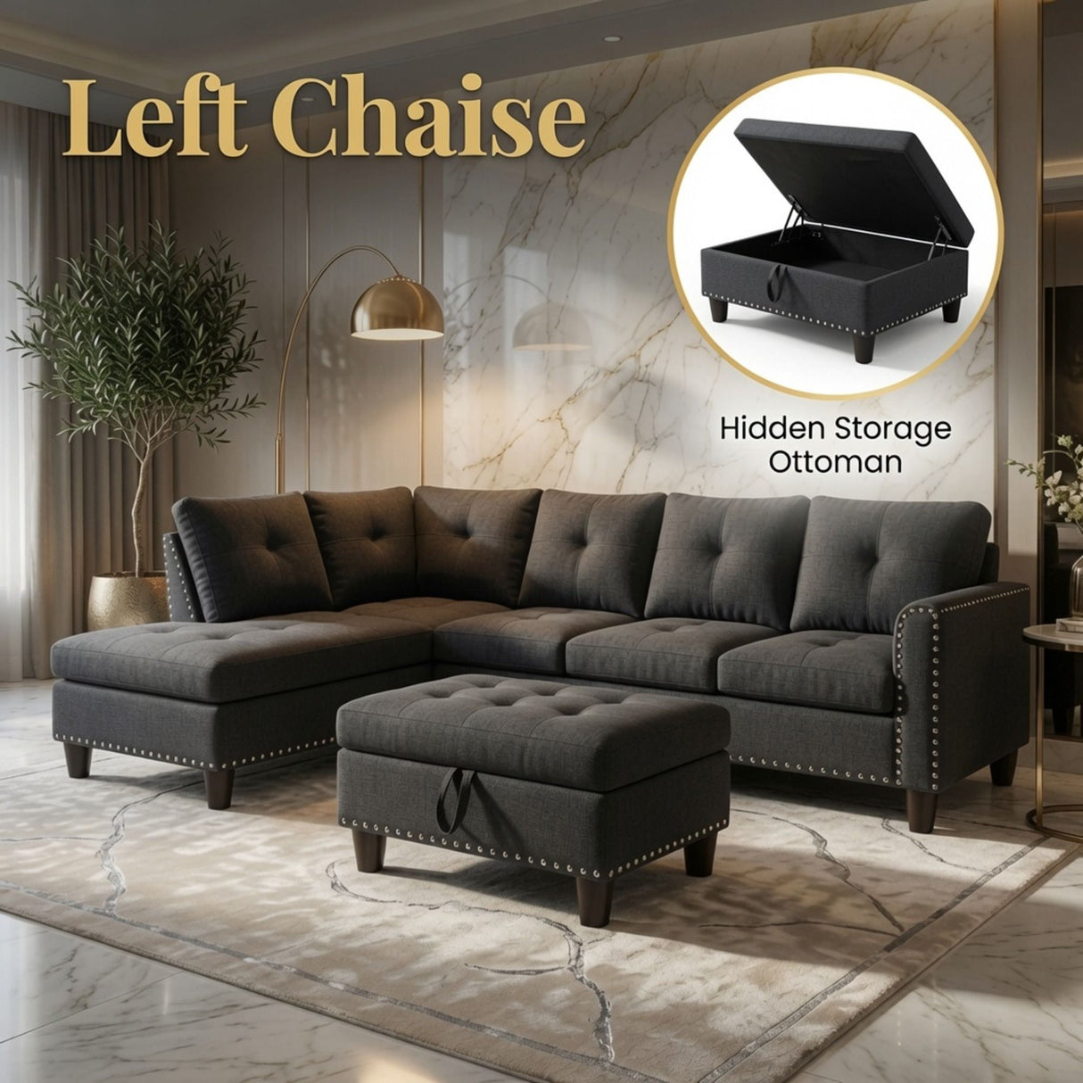 L - Shaped 3 Piece Sectional Sofa With Chaise, Storage Ottoman & Cup Holders