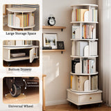 Rotating Bookshelf With Wheels And Drawer, 360° Spinning Design, Space Saving Storage