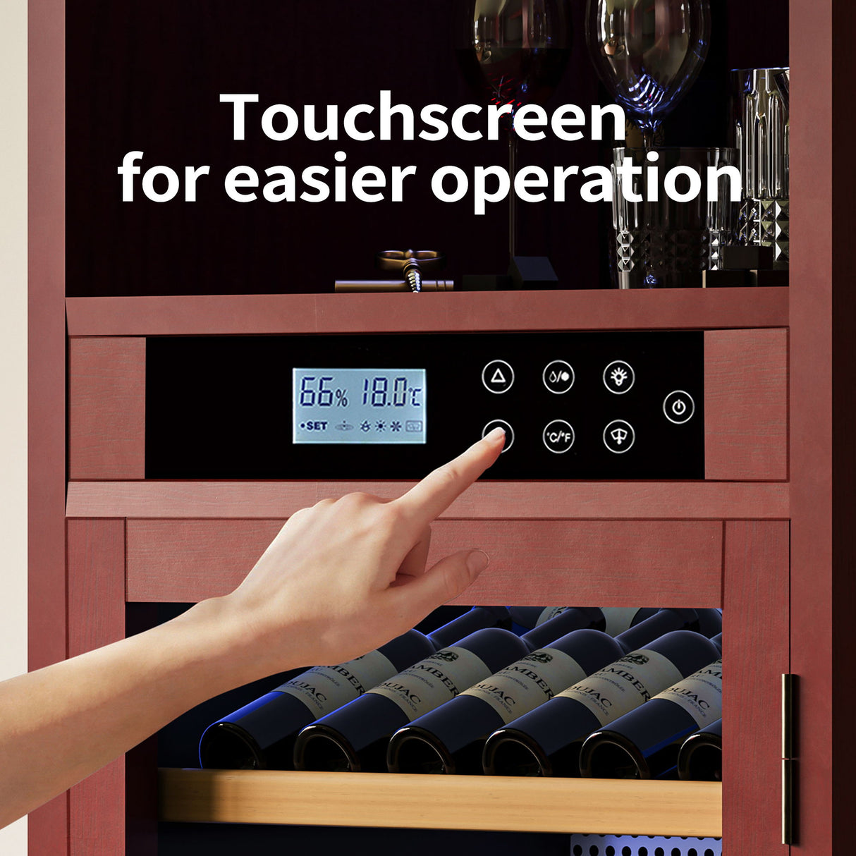 Single Zone Wine Cooler With Tempered Glass Door LED Lighting, 56 Bottle Capacity, Touch Screen Control - Cherry