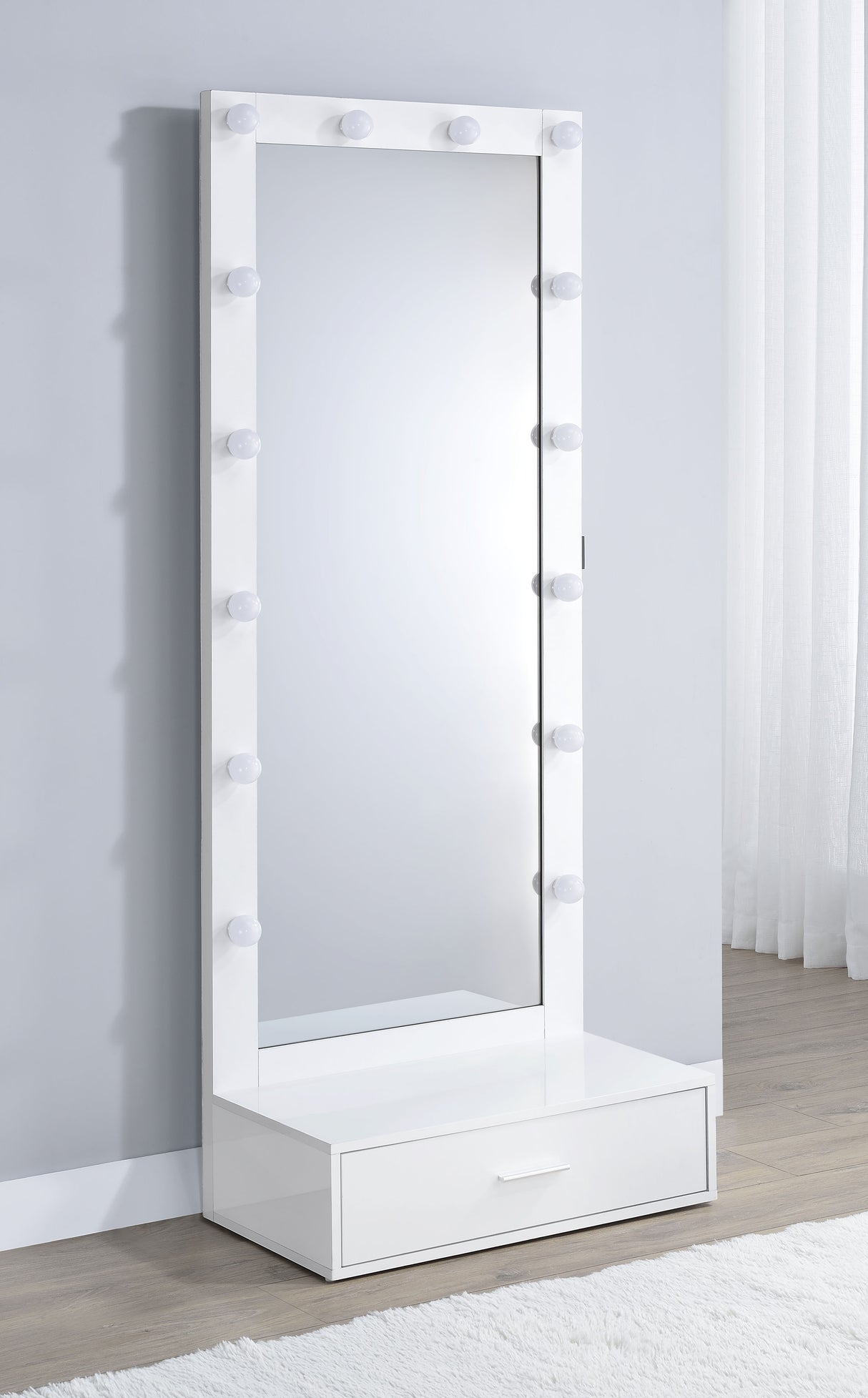 Spector 1-Drawer Lighted Full-Length Floor Mirror, White High Gloss