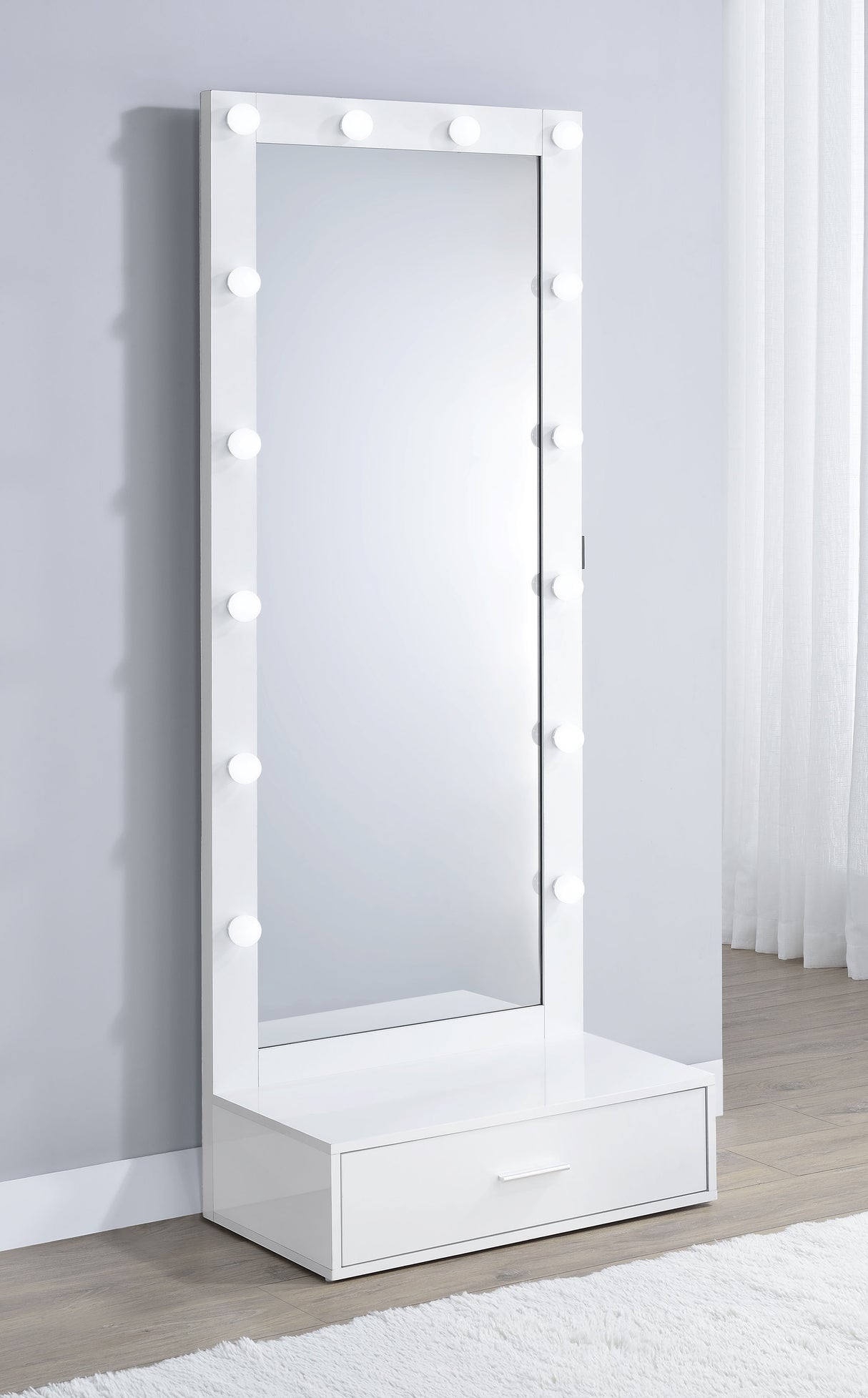 Spector 1-Drawer Lighted Full-Length Floor Mirror, White High Gloss