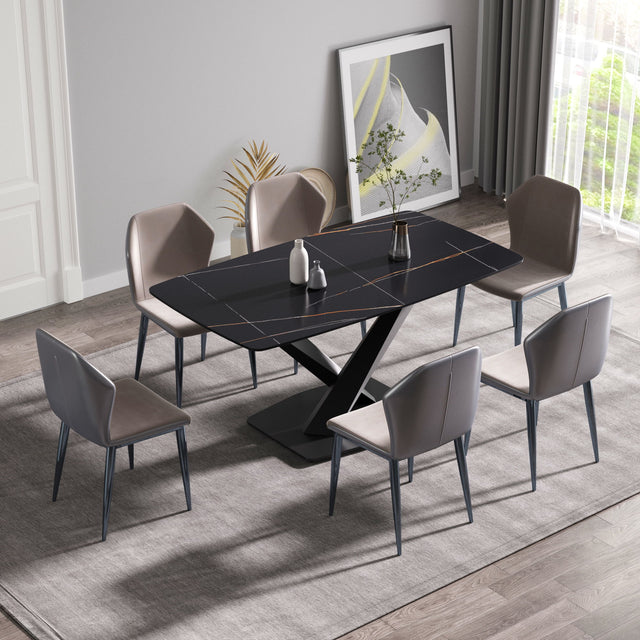 63" Artificial Stone Black Curved Black Metal Leg Dining Table - Black - Dining Tables - Alpine Outlets