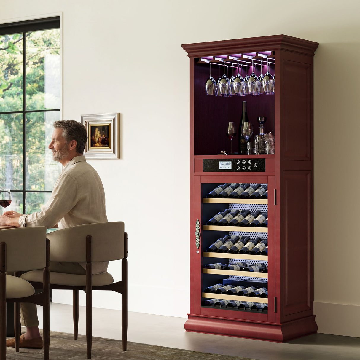 Single Zone Wine Cooler With Tempered Glass Door LED Lighting, 56 Bottle Capacity, Touch Screen Control - Cherry
