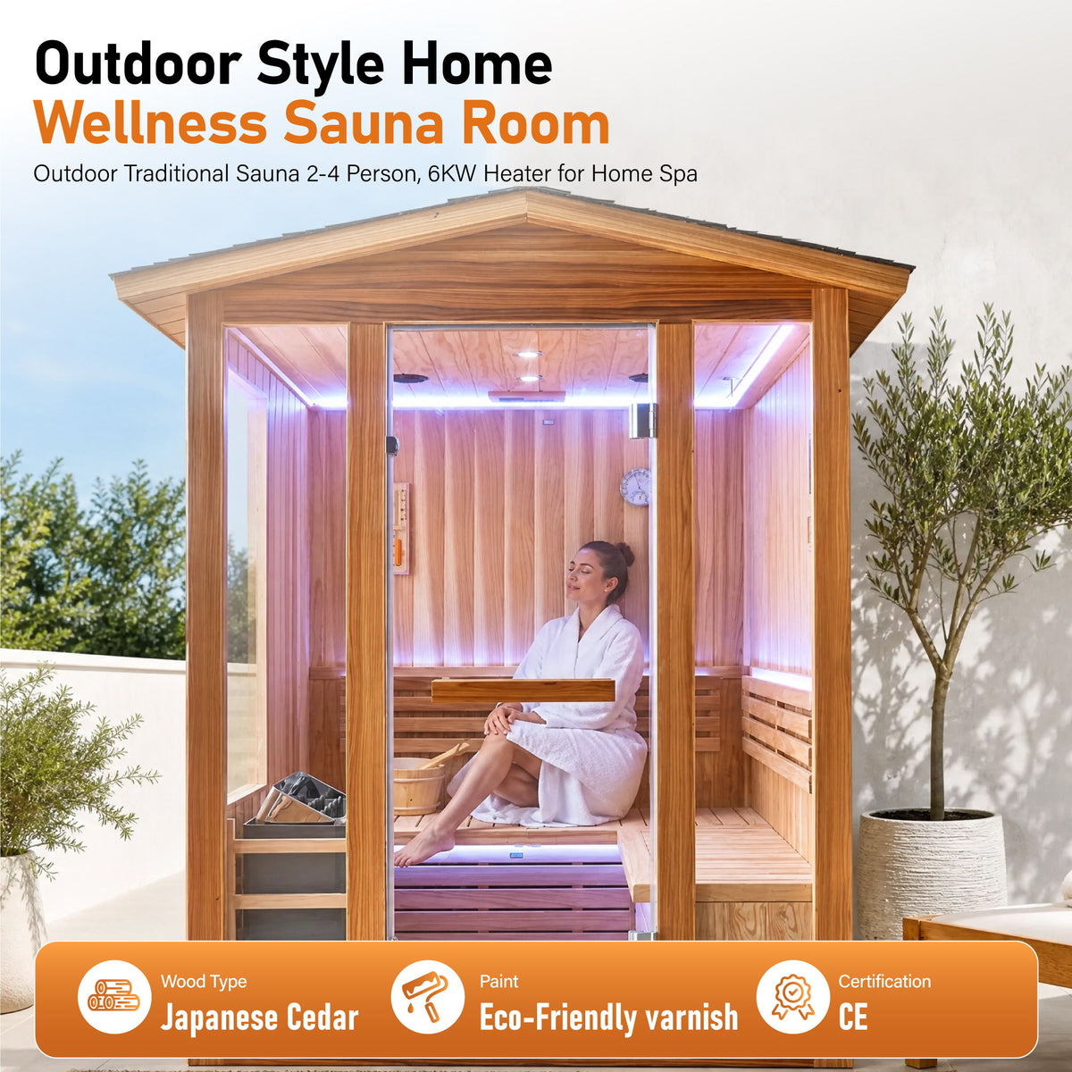 6000W 240V Outdoor Steam Sauna For 4 People - Ameican White Oak