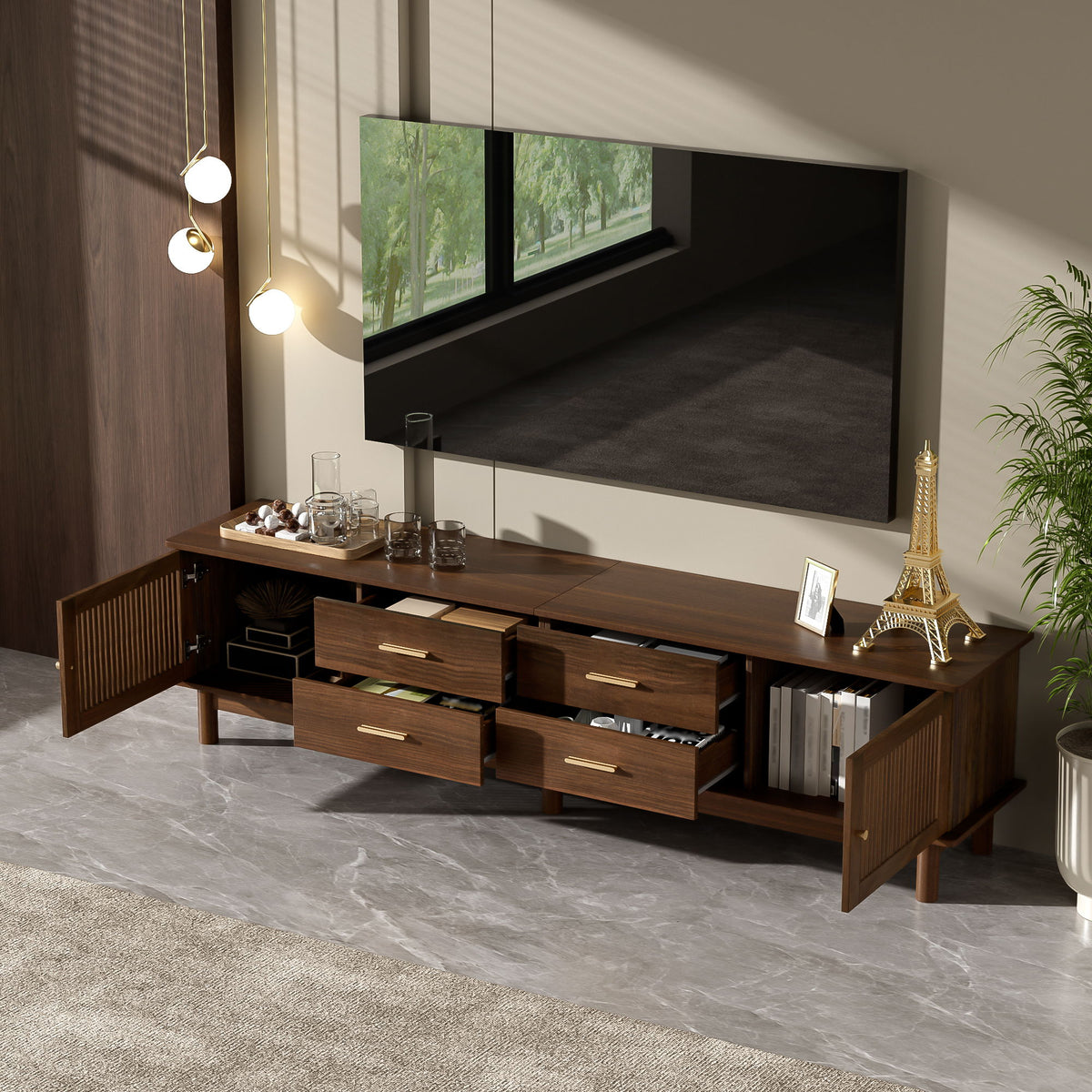 TV Stand For 85" TVs, 4 Smooth Glide Drawers - Walnut