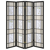 4 Panel Folding Screen With Floral Motif - Black