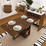 Extendable Dining Table With Power Socket, Lockable Casters, Storage Cabinet, Pull Out Kitchen Island - Natural Walnut