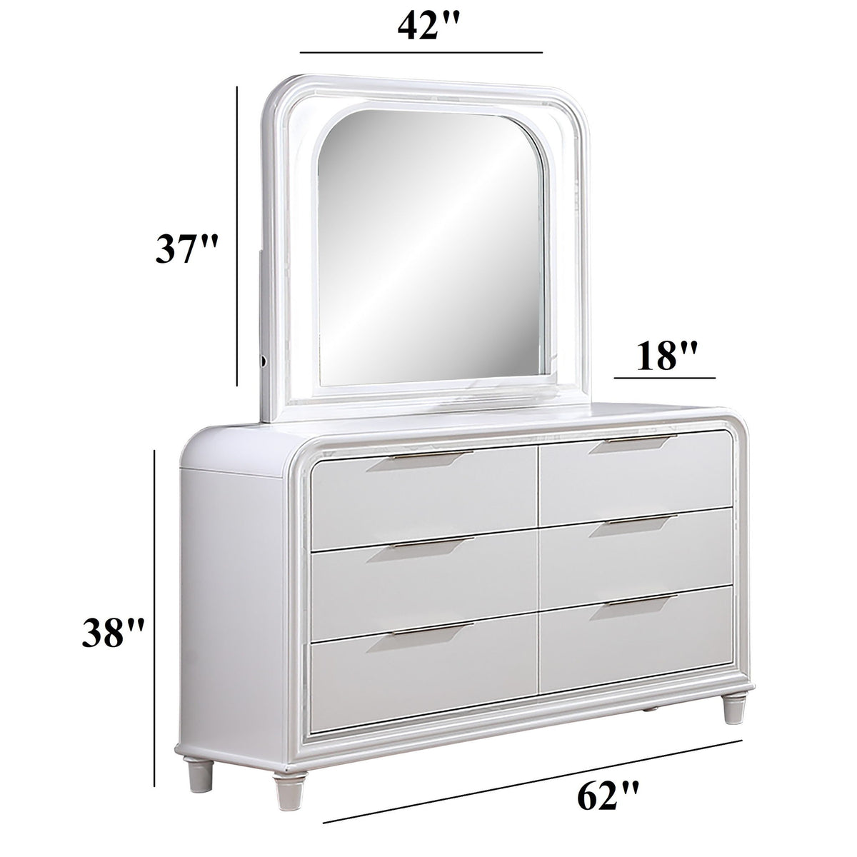Pearl Dresser With Mirror 6 Drawers Spacious Storage - White