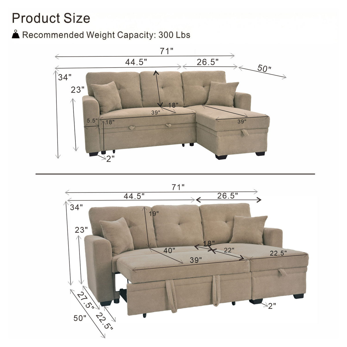 Sleeper Sectional Sofa With Pull Out Bed, Reversible Chaise, Hidden Storage