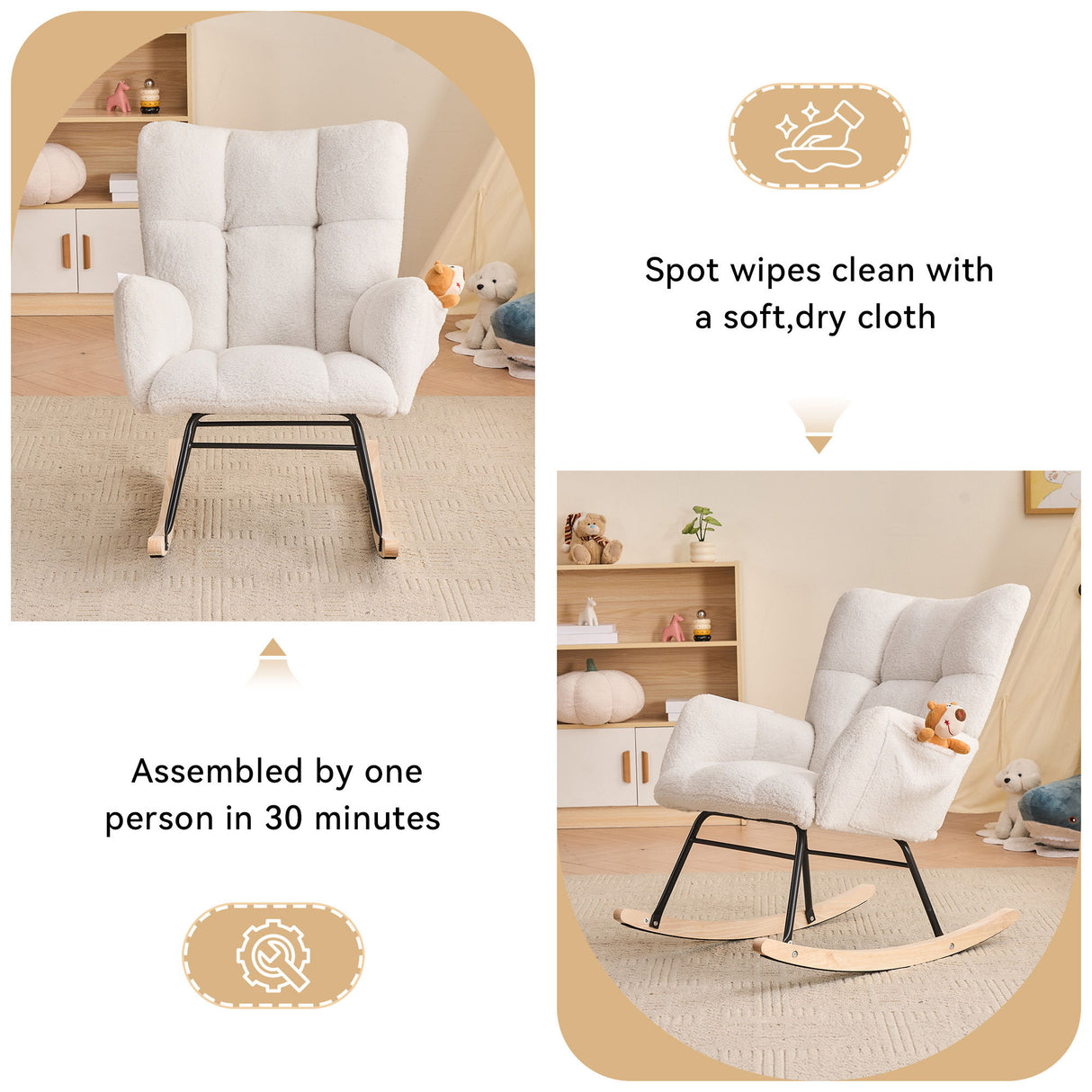 Teddy Fabric Rocking Gilder Nursery Chair For Living Room Indoor - Ivory