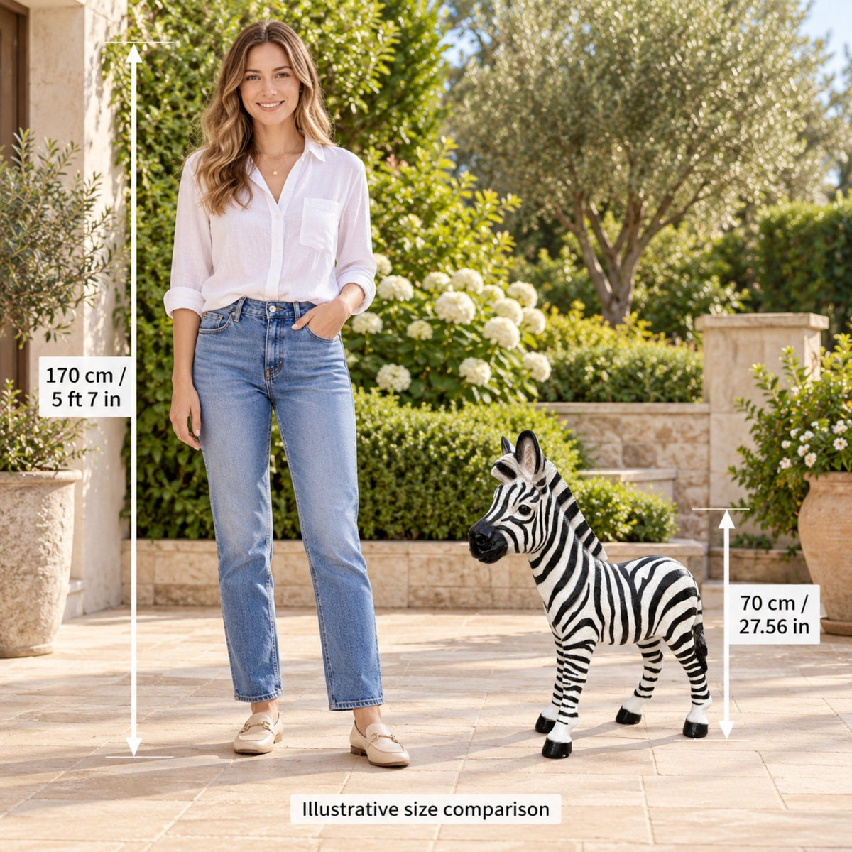 Standing Zebra Garden Statue, Animal Sculpture With 2 Ground Stakes For Outdoor Decor - Black White