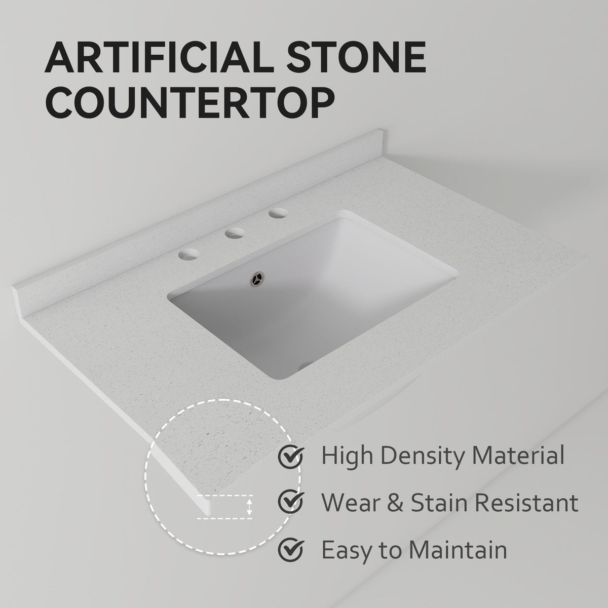 Basin Sink, 0.6" Ultra Thin Profile, Triple Faucet Holes