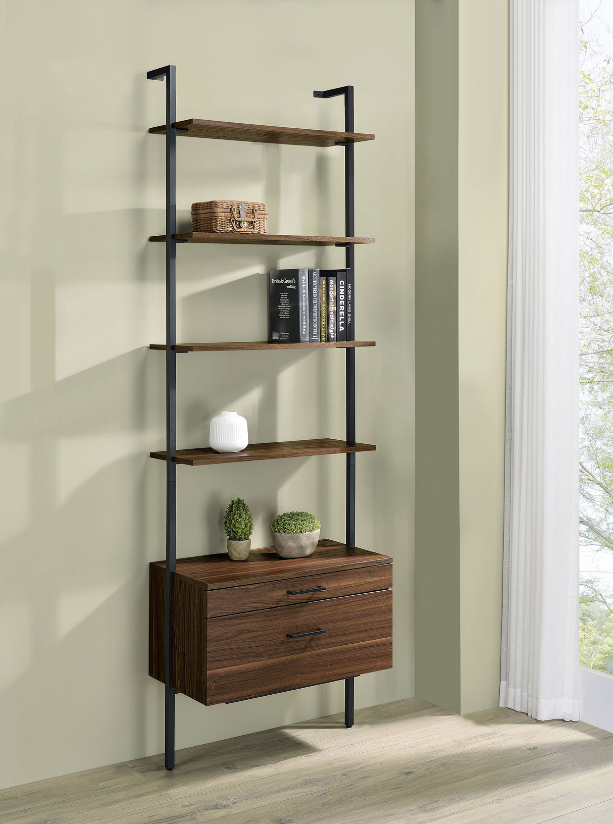 Owens 96" 4-Shelf Bookshelf with Drawers, Walnut