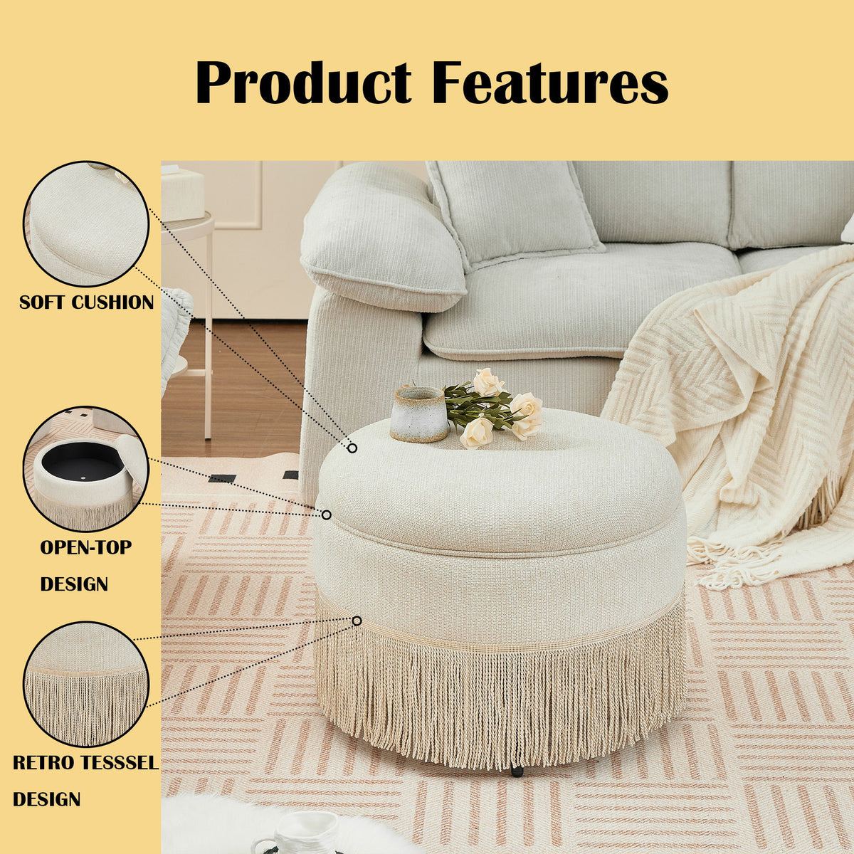 Round Storage Ottoman With Tassel, Decorative Accent Pouf For Living Room