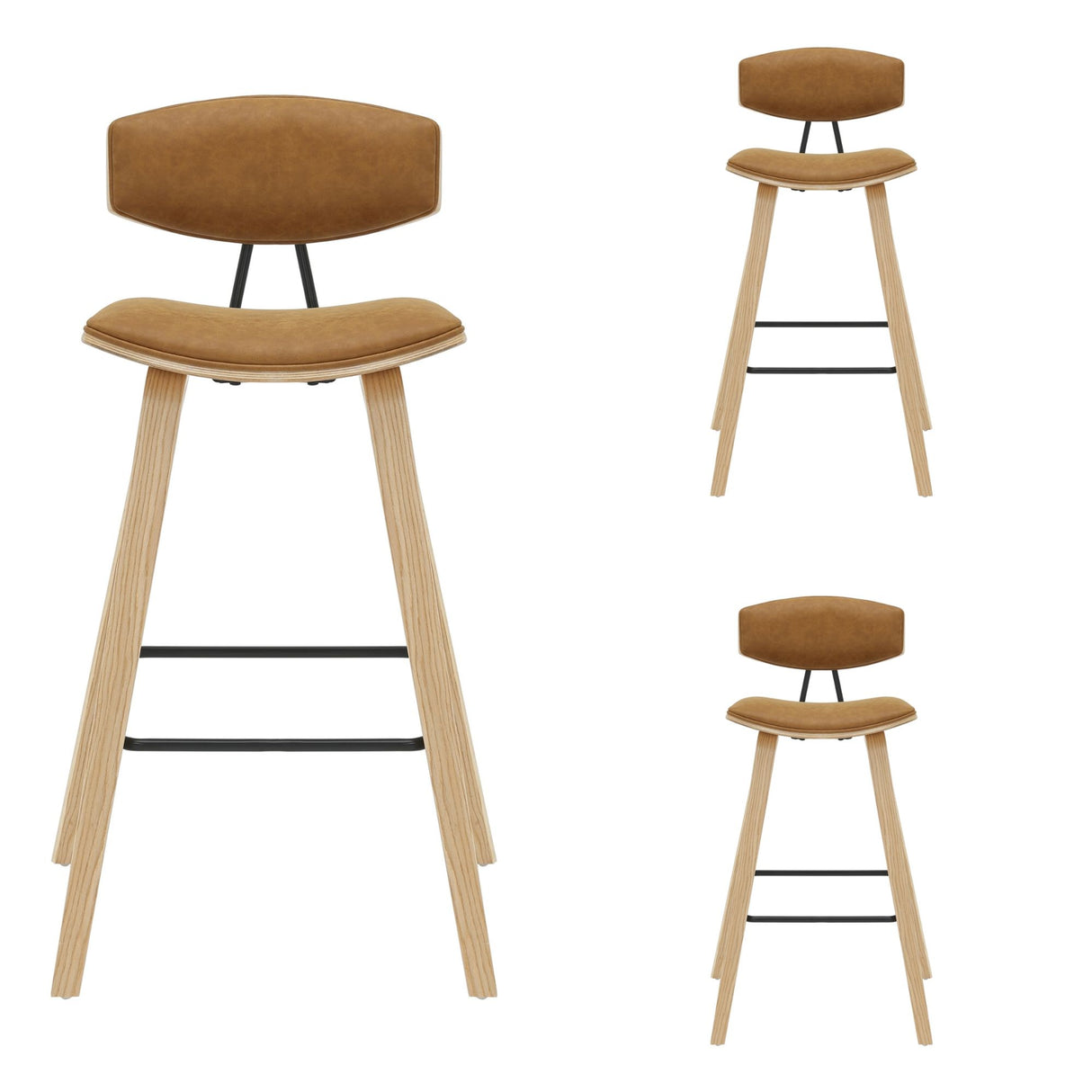 Fox - Bar Height Curved Back Wood Bar Stool With Faux Leather Seat