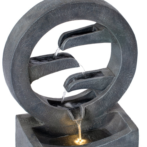 26.77"H Gray Circular Polyresin Outdoor Water Fountain with LED Light, Freestanding Modern Cascading Water Feature for Patio Garden Backyard Decor