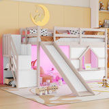 Loft Bed With Storage Stairs, Slide, Playhouse Window And 7 Colors LED Lights