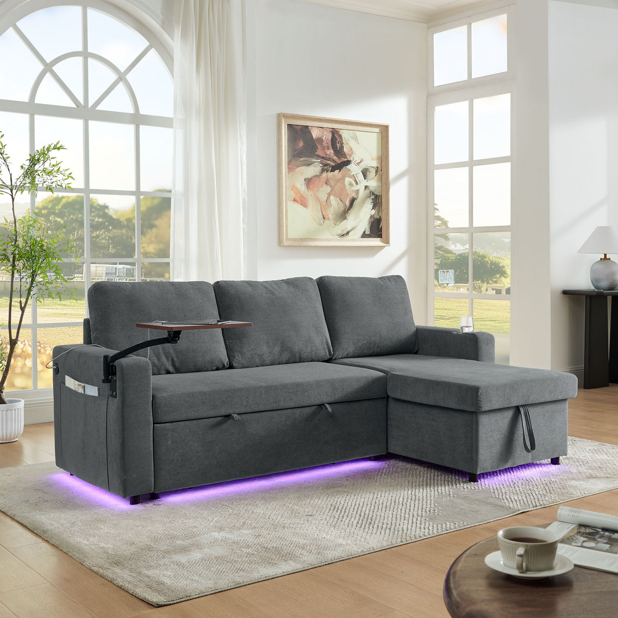 Multi Functional Pull Out Bed Sofa With Retractable Table, LED Lighting, USB Charging Ports & Cup Holders