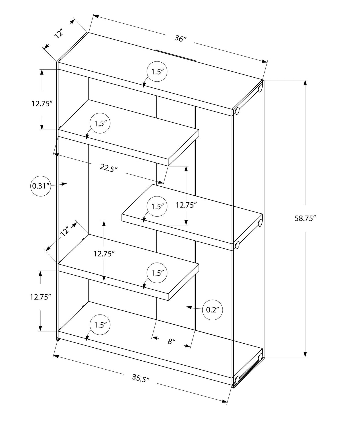 Bookshelf, Bookcase, Etagere, 5 Tier, Office, Glossy Contemporary & Modern - White - Etageres - Alpine Outlets