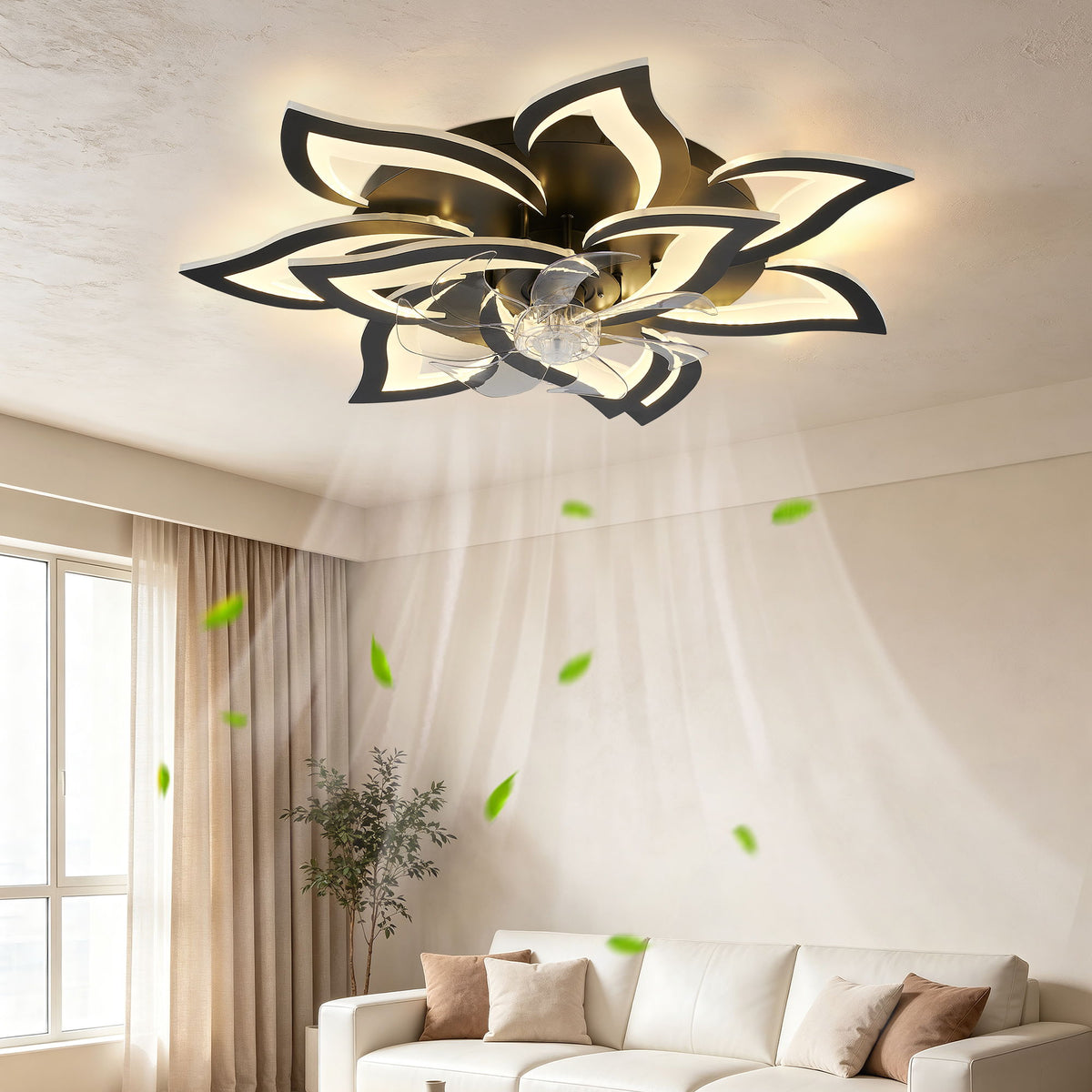 32" Flower Ceiling Fan With LED Dimmable Light, Low Profile Flush Mount Fan With Remote Control, 6 Speeds