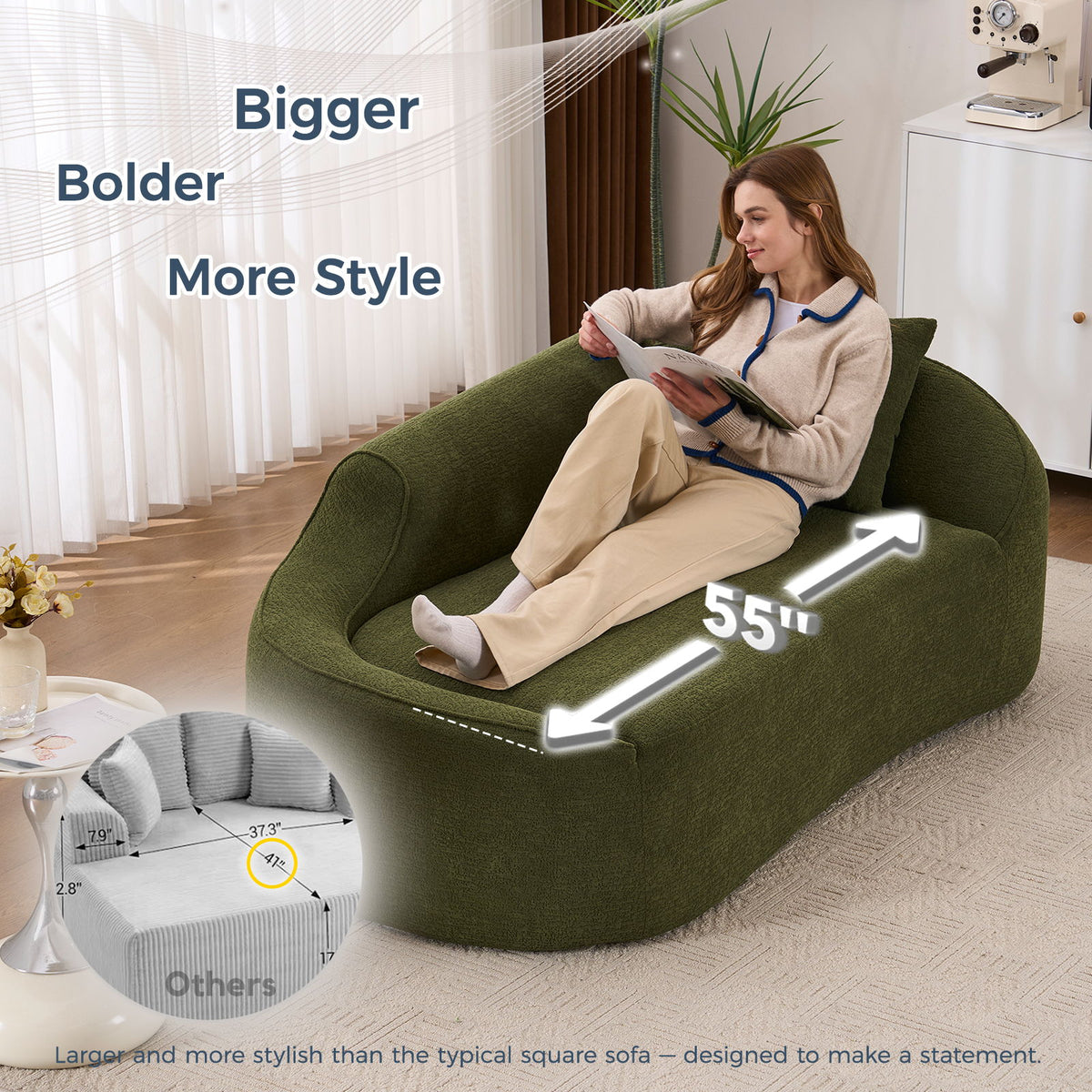 Compression Curved Chaise Longue Chair Indoor Loveseat Sofa Bed With Deep Seat And Pillow - Green