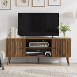 55" TV Cabinet With Vertical Groove Doors, Adjustable Shelves - Walnut