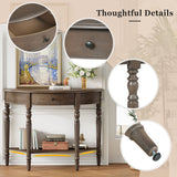Half Moon Console Table With Drawer & Shelf For Living Room - Walnut