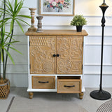 Accent Flower Carved Door Sideboard Cabinet With 2 Drawers For Kitchen - Natural Wood Wash / White