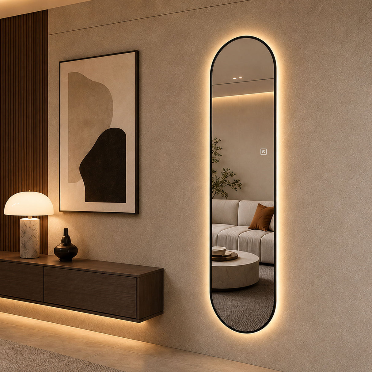 Capsule Shaped Dimmable LED Full Length Wall Mirror With Frame - Silver