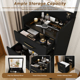 3 In 1 Vanity Desk With Open Top Mirror, Glass Desktop Makeup Set With 3 Drawers, Compact Dressing Table For Bedroom - Black
