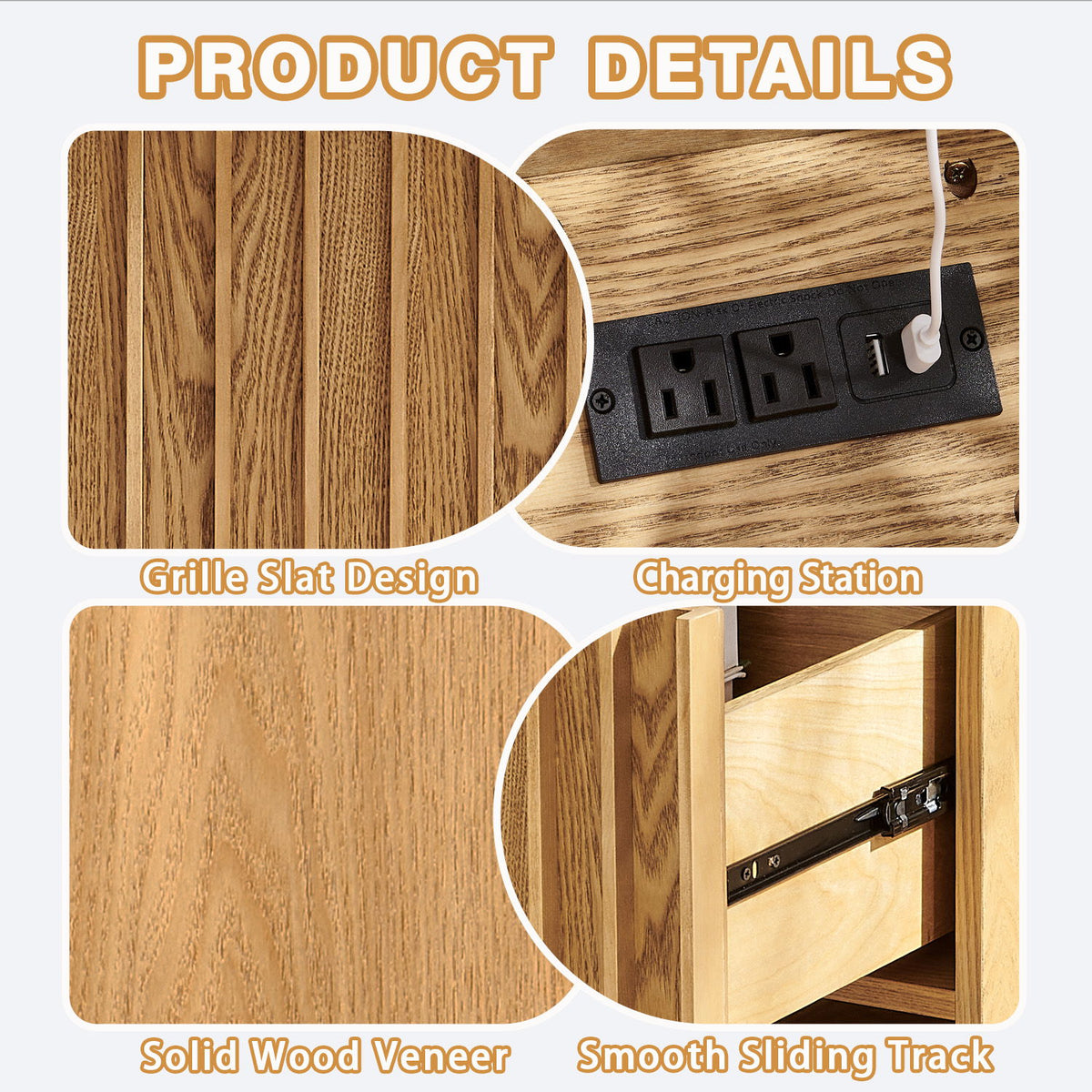 Nightstand With Hidden Charging Station USB Ports & Outlet Hole