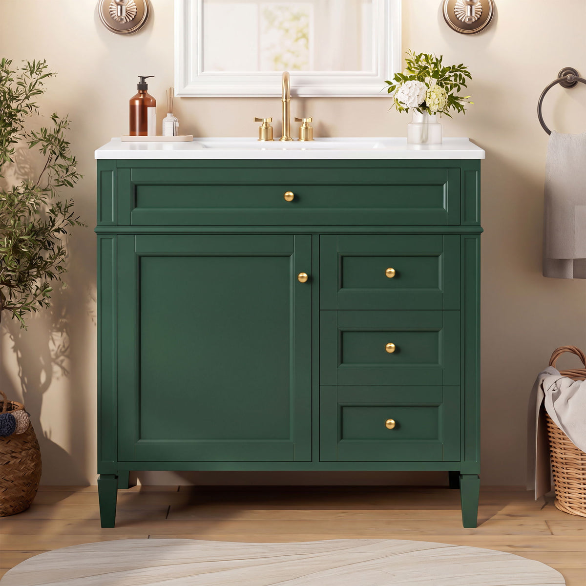 Bathroom Vanity With Sink, Rectangular Storage Cabinet & 2 Drawers And Tip Out Drawer