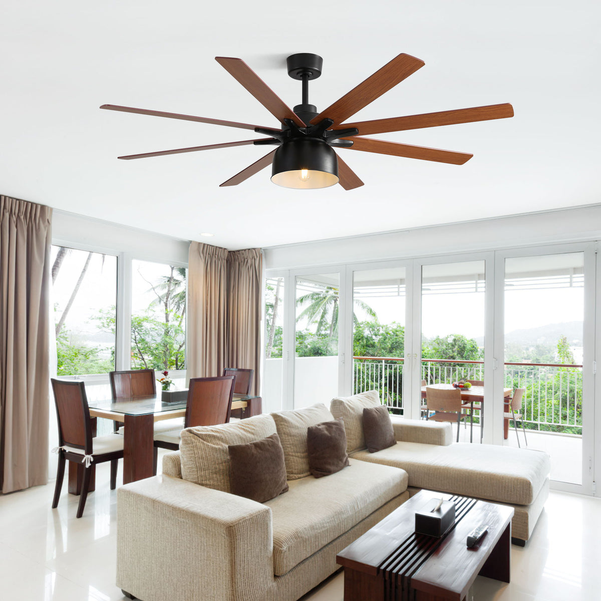 52" Ceiling Fan With 6 Speed Wind 8 Dual Colors Blades Remote Control Reversible DC Motor With Light - Black
