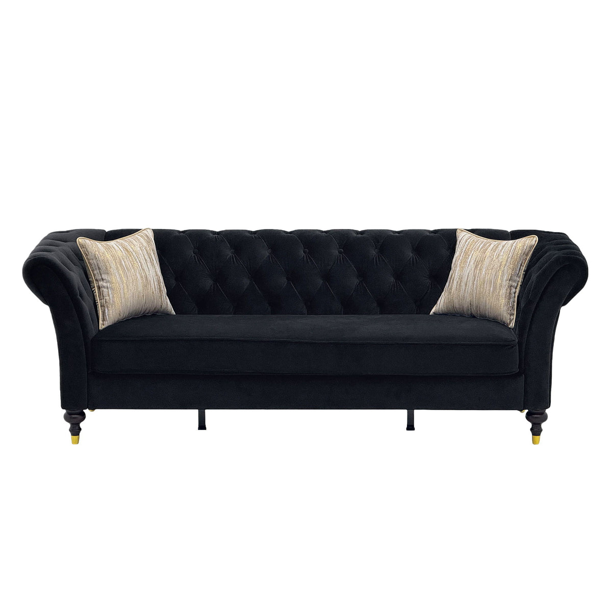 3 Seater Button Tufted Sofa With Rolled Arms, Living Room Couch With 2 Pillows - Black
