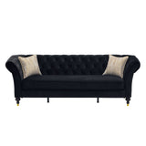 3 Seater Button Tufted Sofa With Rolled Arms, Living Room Couch With 2 Pillows - Black