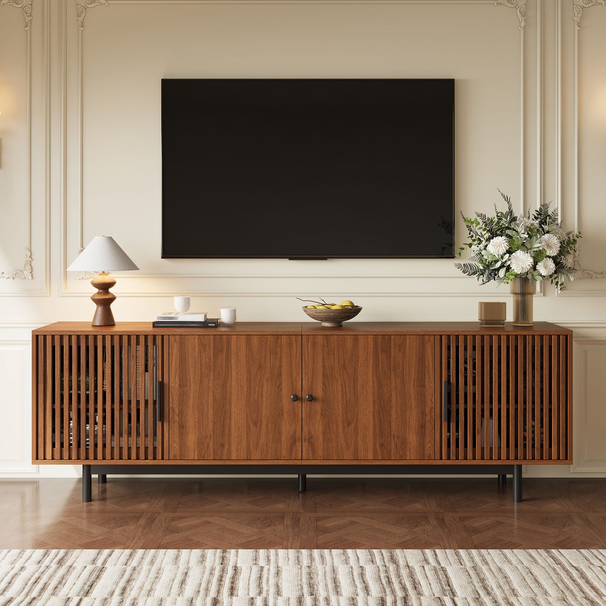 TV Stand, Media Console & Soft Closing Hinges, Adjustable Shelves, Slatted Doors - Walnut