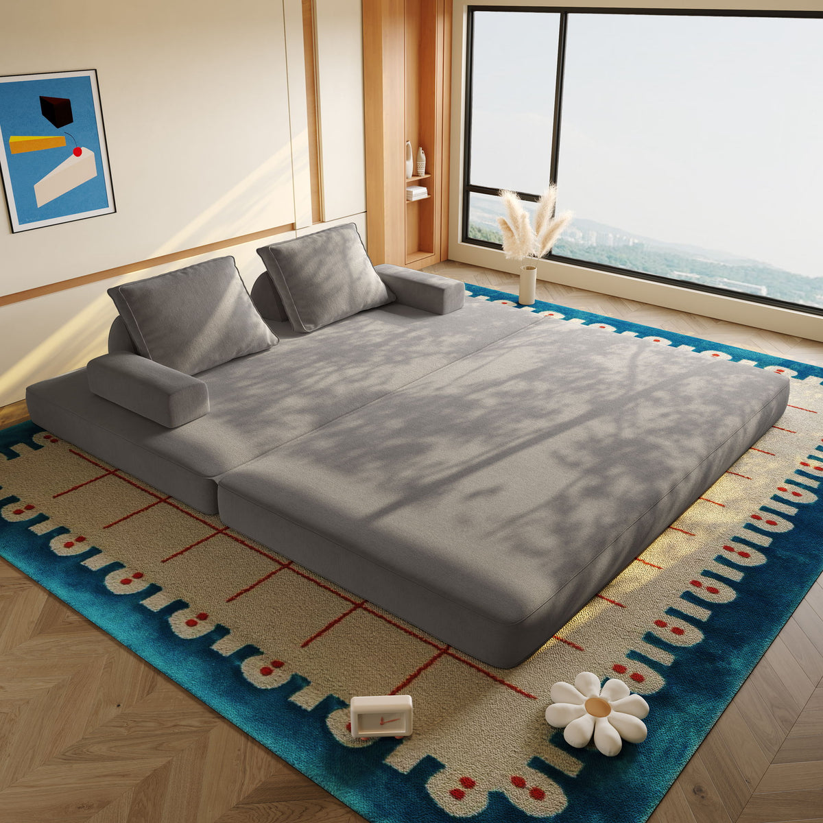 Multifunctional Convertible Sofa Bed With 2 Tumbler Backrests And 2 Pillows, Deep Seat Couch