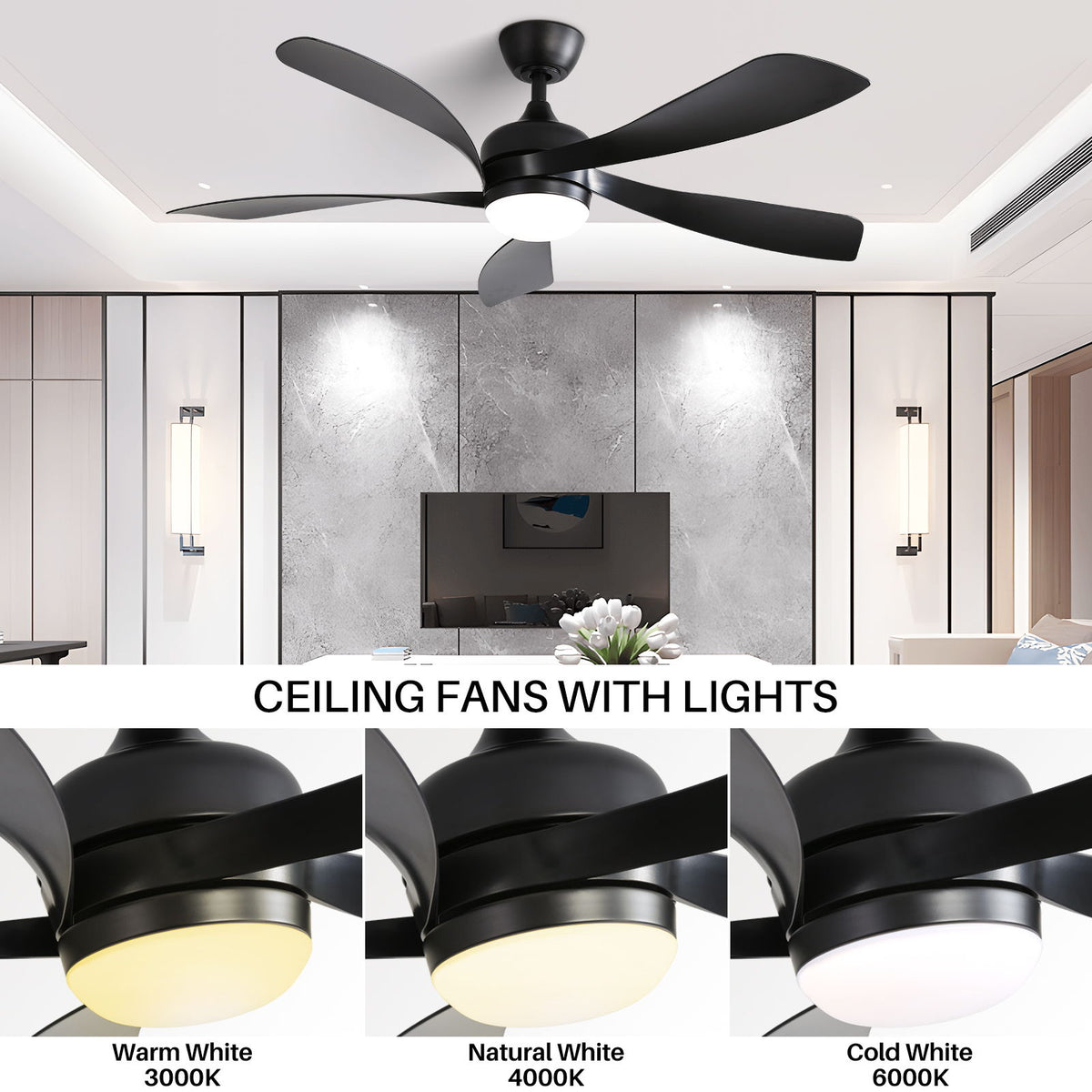 52" Ceiling Fan With 3 Color Dimmable LED Light, 5 Blades, Remote Control, Reversible DC Motor