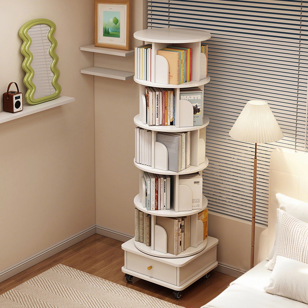 Rotating Bookshelf With Wheels And Drawer, 360° Spinning Design, Space Saving Storage