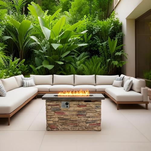 42-Inch Propane Gas Fire Pit Table 50,000 BTU Rectangular Concrete Fire Pit – Beige Multi