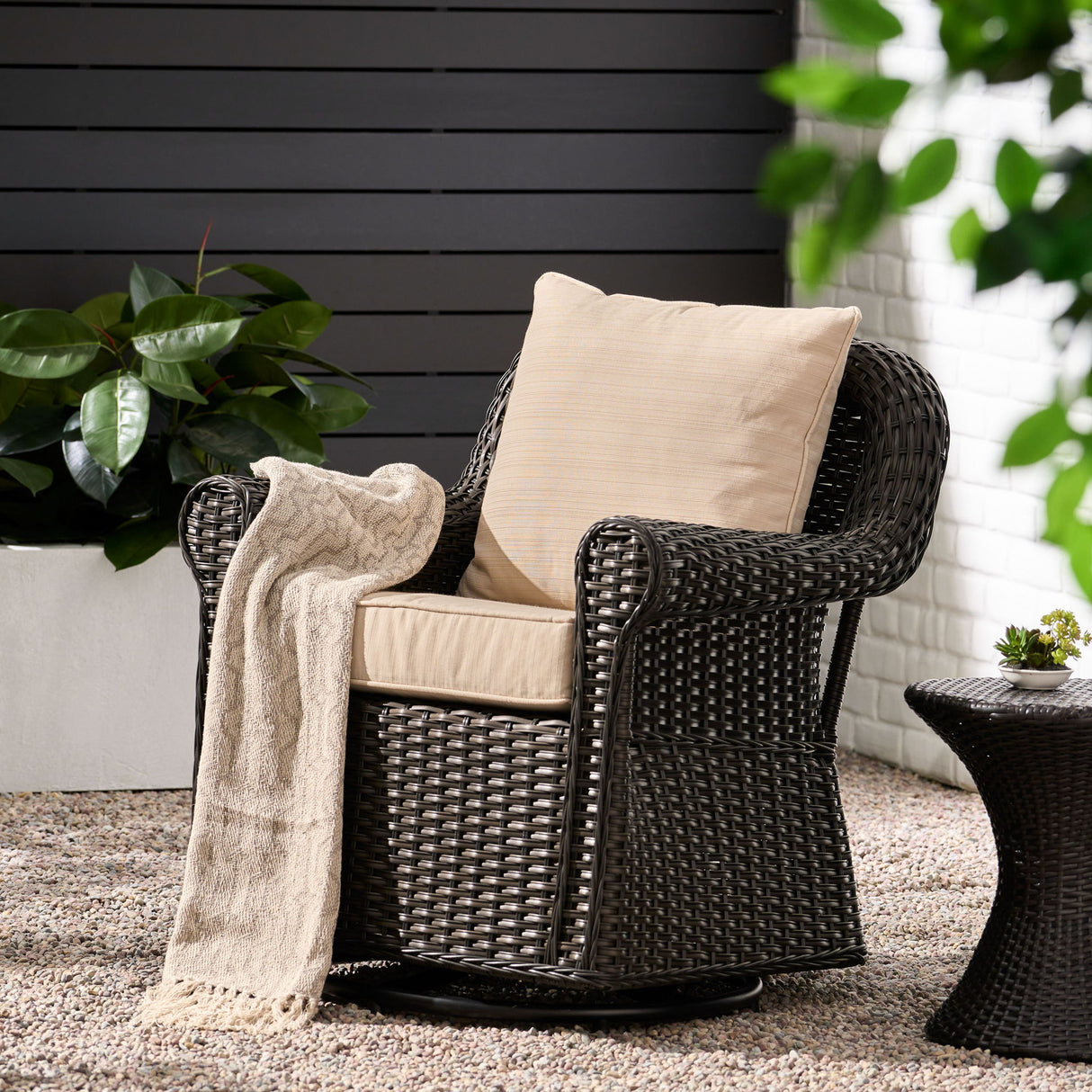Amaya - Outdoor Swivel Rocker Chair With Water Resistant Cushions - Brown / Beige