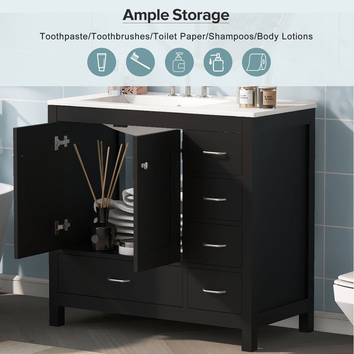 Bathroom Vanity With Sink Combo, 2 Soft Close Doors And 5 Drawers