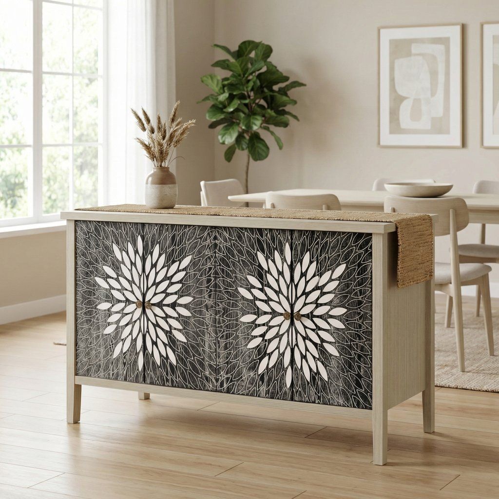 Sideboard Buffet Cabinet Carved 4 Door Storage 58in x 32in