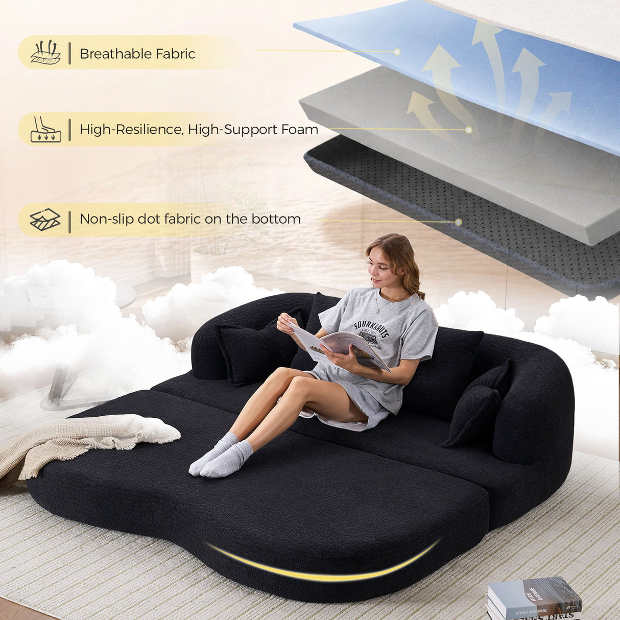 Foldable Sofa Bed, Boneless Couch Convertible Sleeper With 4 Pillows