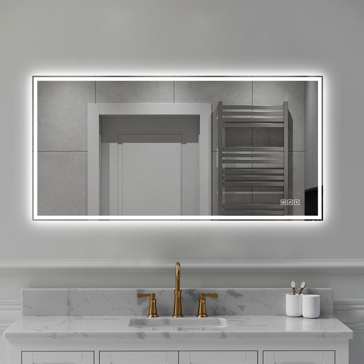 LED Bathroom Vanity Wall Mirror With Straight Edge Design, Frosted Glass Finish, Anti Fog, Dimmable 3 Color Lighting - Silver